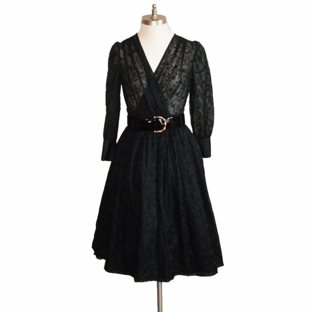 Vtg 70s Sheer Top Floral Embroidered Surplice Dress XS